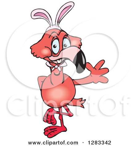 Clipart of a Friendly Waving Pink Flamingo Bird Wearing Easter Bunny Ears - Royalty Free Vector Illustration by Dennis Holmes Designs