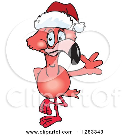 Clipart of a Friendly Waving Pink Flamingo Wearing a Christmas Santa Hat - Royalty Free Vector Illustration by Dennis Holmes Designs