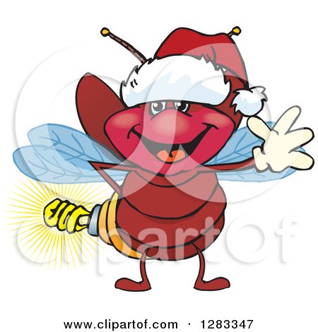 Clipart of a Friendly Waving Firefly Lightning Bug with a Light Bulb Butt Wearing a Christmas Santa Hat - Royalty Free Vector Illustration by Dennis Holmes Designs