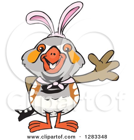 Clipart of a Friendly Waving Zebra Finch Wearing Easter Bunny Ears - Royalty Free Vector Illustration by Dennis Holmes Designs