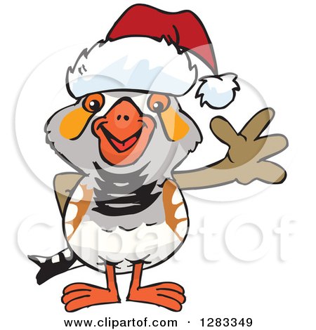 Clipart of a Friendly Waving Zebra Finch Wearing a Christmas Santa Hat - Royalty Free Vector Illustration by Dennis Holmes Designs