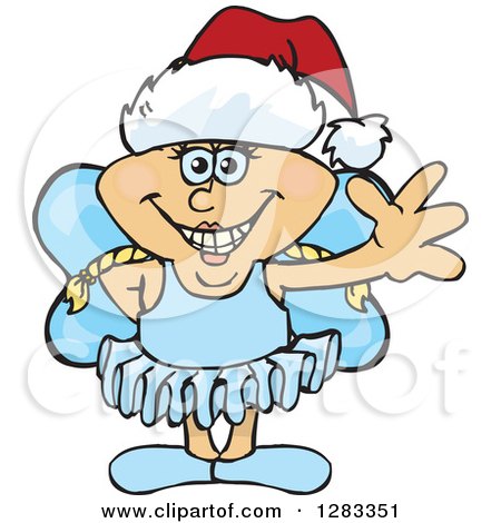 Clipart of a Friendly Waving Blond White Female Fairy Wearing a Christmas Santa Hat - Royalty Free Vector Illustration by Dennis Holmes Designs