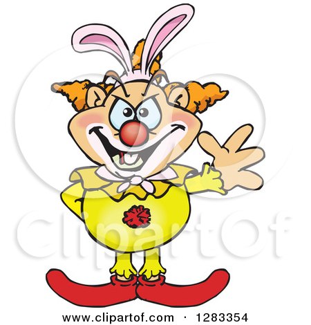 Clipart of a Friendly Waving Evil Clown Wearing Easter Bunny Ears - Royalty Free Vector Illustration by Dennis Holmes Designs