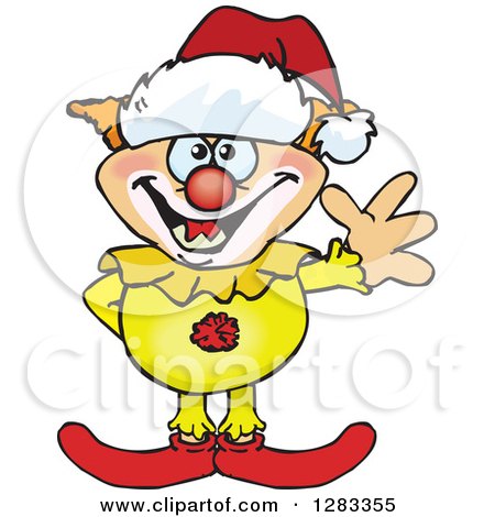 Clipart of a Friendly Waving Evil Clown Wearing a Christmas Santa Hat - Royalty Free Vector Illustration by Dennis Holmes Designs