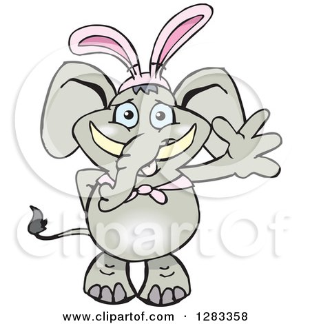 Clipart of a Friendly Waving Elephant Wearing Easter Bunny Ears - Royalty Free Vector Illustration by Dennis Holmes Designs