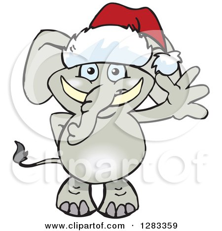 Clipart of a Friendly Waving Elephant Wearing a Christmas Santa Hat - Royalty Free Vector Illustration by Dennis Holmes Designs