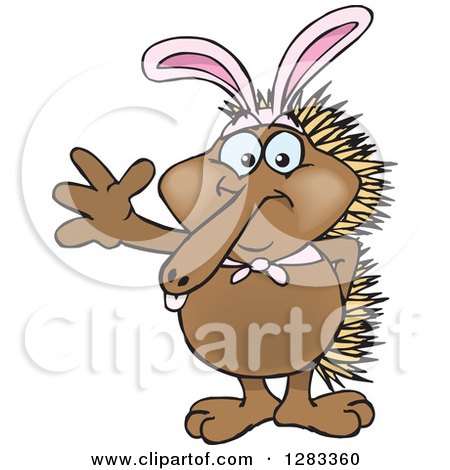 Clipart of a Friendly Waving Echidna Wearing Easter Bunny Ears - Royalty Free Vector Illustration by Dennis Holmes Designs