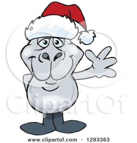 Clipart of a Friendly Waving Dugong Wearing a Christmas Santa Hat - Royalty Free Vector Illustration by Dennis Holmes Designs