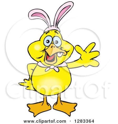Clipart of a Friendly Waving Yellow Duck Wearing Easter Bunny Ears - Royalty Free Vector Illustration by Dennis Holmes Designs