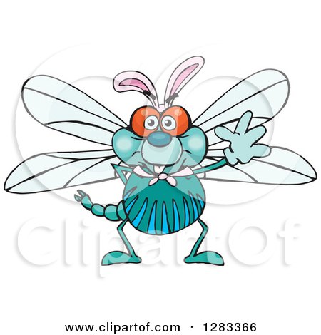 Clipart of a Friendly Waving Dragonfly Wearing Easter Bunny Ears - Royalty Free Vector Illustration by Dennis Holmes Designs