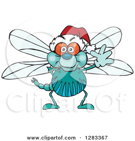 Clipart of a Friendly Waving Dragonfly Wearing a Christmas Santa Hat - Royalty Free Vector Illustration by Dennis Holmes Designs