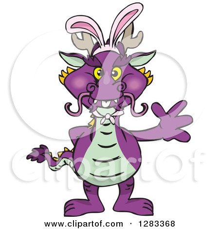 Clipart of a Friendly Waving Purple Dragon Wearing Easter Bunny Ears - Royalty Free Vector Illustration by Dennis Holmes Designs