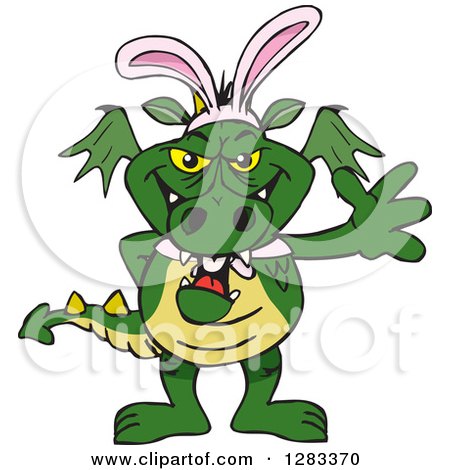 Clipart of a Friendly Waving Green Dragon Wearing Easter Bunny Ears - Royalty Free Vector Illustration by Dennis Holmes Designs