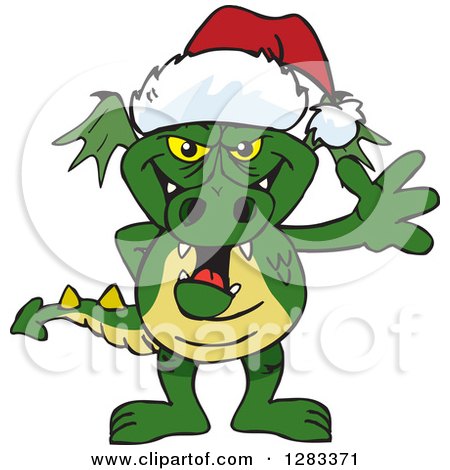 Clipart of a Friendly Waving Green Dragon Wearing a Christmas Santa Hat - Royalty Free Vector Illustration by Dennis Holmes Designs