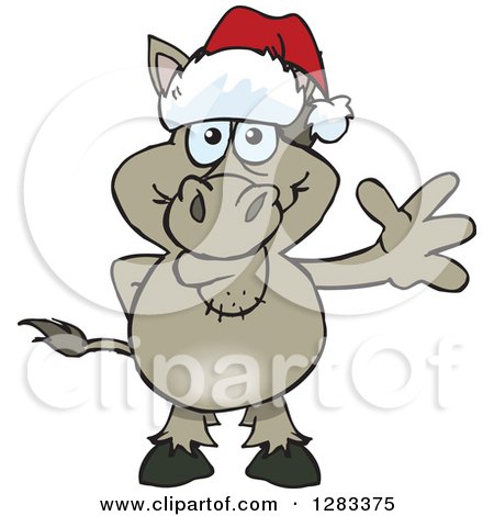 Clipart of a Friendly Waving Donkey Wearing a Christmas Santa Hat - Royalty Free Vector Illustration by Dennis Holmes Designs