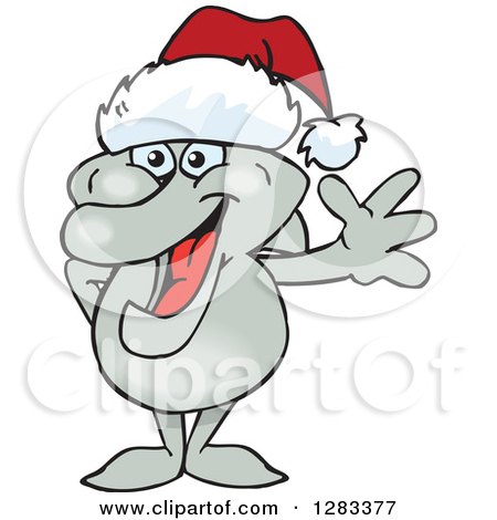 Clipart of a Friendly Waving Dolphin Wearing a Christmas Santa Hat - Royalty Free Vector Illustration by Dennis Holmes Designs