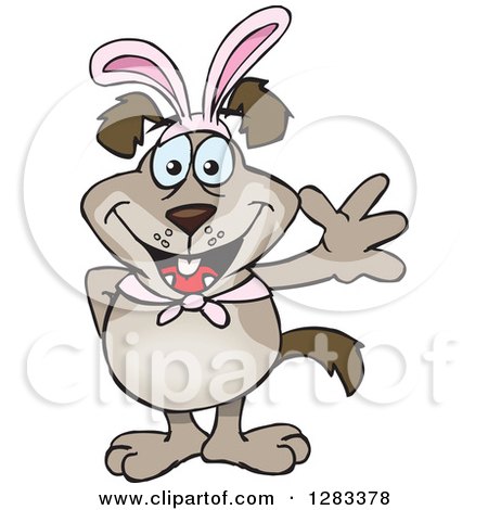 Clipart of a Friendly Waving Brown Dog Wearing Easter Bunny Ears - Royalty Free Vector Illustration by Dennis Holmes Designs