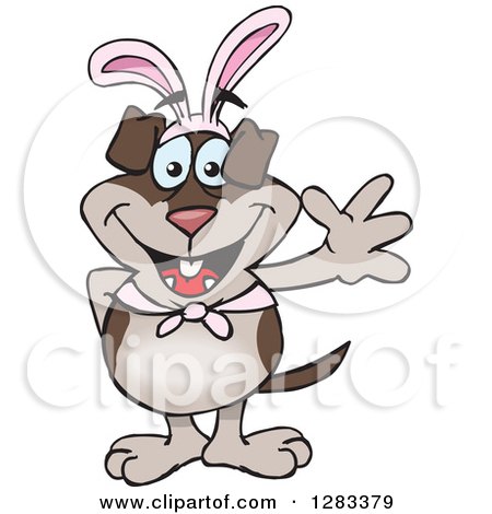 Clipart of a Friendly Waving Two Toned Brown Dog Wearing Easter Bunny Ears - Royalty Free Vector Illustration by Dennis Holmes Designs