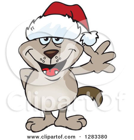 Clipart of a Friendly Waving Two Toned Brown Dog Wearing a Christmas Santa Hat - Royalty Free Vector Illustration by Dennis Holmes Designs