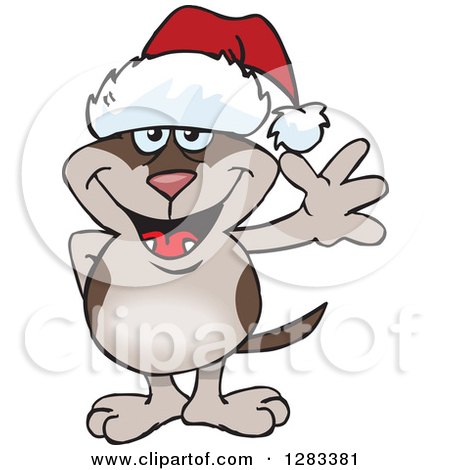 Clipart of a Friendly Waving Brown Dog Wearing a Christmas Santa Hat - Royalty Free Vector Illustration by Dennis Holmes Designs