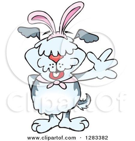 Clipart of a Friendly Waving Old English Sheepdog Wearing Easter Bunny Ears - Royalty Free Vector Illustration by Dennis Holmes Designs