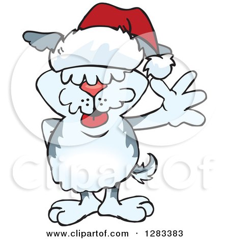 Clipart of a Friendly Waving Old English SheepDog Wearing a Christmas Santa Hat - Royalty Free Vector Illustration by Dennis Holmes Designs