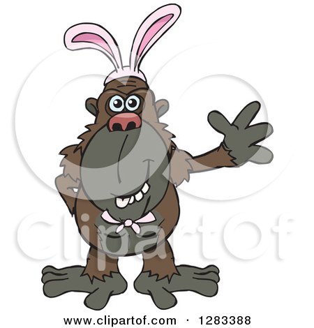 Clipart of a Friendly Waving Dark Brown Ape Wearing Easter Bunny Ears - Royalty Free Vector Illustration by Dennis Holmes Designs