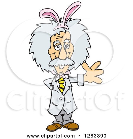 Clipart of a Friendly Waving Scientist Albert Einstein Wearing Easter Bunny Ears - Royalty Free Vector Illustration by Dennis Holmes Designs
