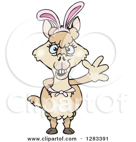 Clipart of a Friendly Waving Alpaca Wearing Easter Bunny Ears - Royalty Free Vector Illustration by Dennis Holmes Designs