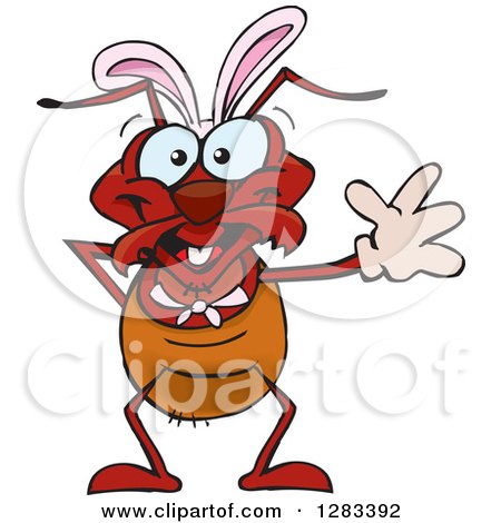 Clipart of a Friendly Waving Ant Wearing Easter Bunny Ears - Royalty Free Vector Illustration by Dennis Holmes Designs