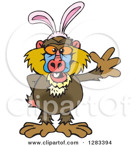 Clipart of a Friendly Waving Baboon Monkey Wearing Easter Bunny Ears - Royalty Free Vector Illustration by Dennis Holmes Designs