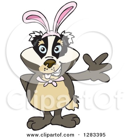Clipart of a Friendly Waving Badger Wearing Easter Bunny Ears - Royalty Free Vector Illustration by Dennis Holmes Designs