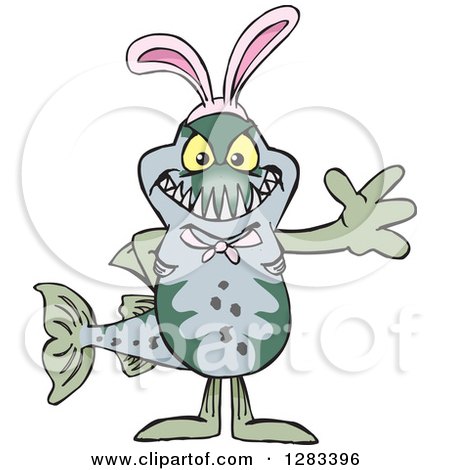 Clipart of a Friendly Waving Barracuda Fish Wearing Easter Bunny Ears - Royalty Free Vector Illustration by Dennis Holmes Designs
