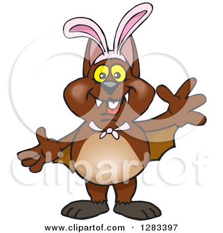Clipart of a Friendly Waving Bat Wearing Easter Bunny Ears - Royalty Free Vector Illustration by Dennis Holmes Designs