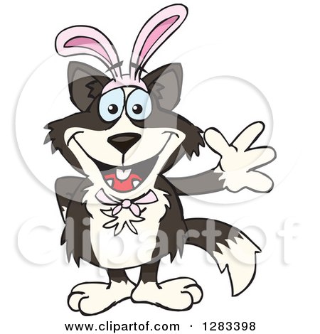 Clipart of a Friendly Waving Border Collie Dog Wearing Easter Bunny Ears - Royalty Free Vector Illustration by Dennis Holmes Designs