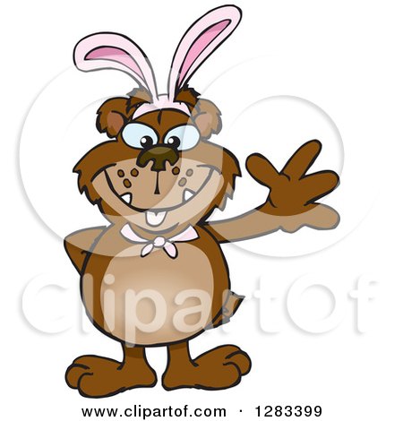 Clipart of a Friendly Waving Bear Wearing Easter Bunny Ears - Royalty Free Vector Illustration by Dennis Holmes Designs