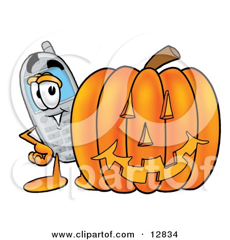 Clipart Picture of a Wireless Cellular Telephone Mascot Cartoon Character With a Carved Halloween Pumpkin by Mascot Junction