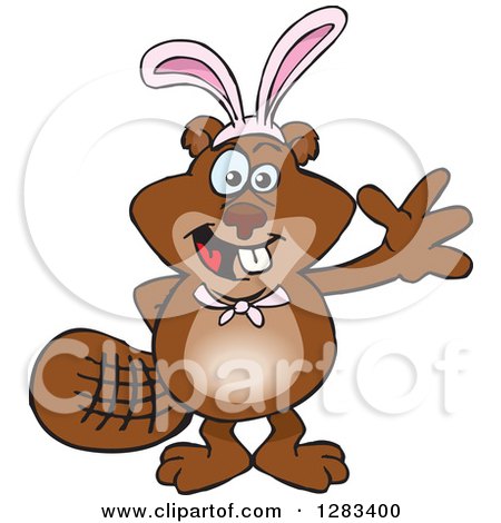 Clipart of a Friendly Waving Beaver Wearing Easter Bunny Ears - Royalty Free Vector Illustration by Dennis Holmes Designs