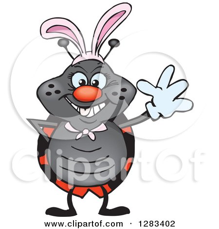 Clipart of a Friendly Waving Ladybug Wearing Easter Bunny Ears - Royalty Free Vector Illustration by Dennis Holmes Designs