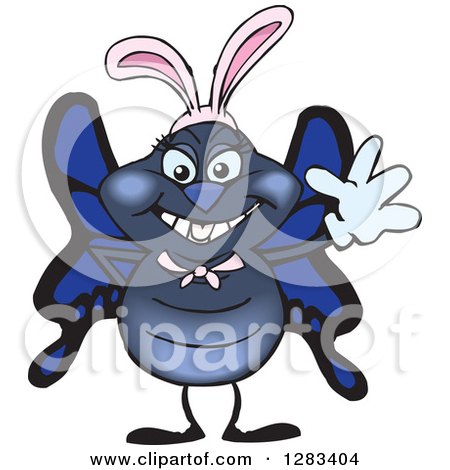 Clipart of a Friendly Waving Blue Butterfly Wearing Easter Bunny Ears - Royalty Free Vector Illustration by Dennis Holmes Designs