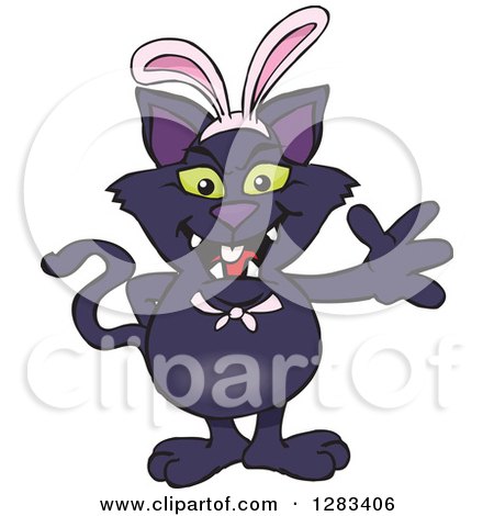 Clipart of a Friendly Waving Black Cat Wearing Easter Bunny Ears - Royalty Free Vector Illustration by Dennis Holmes Designs