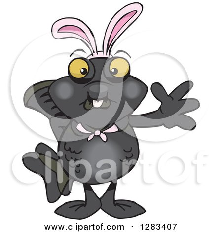 Clipart of a Friendly Waving Black Moor Fish Wearing Easter Bunny Ears - Royalty Free Vector Illustration by Dennis Holmes Designs
