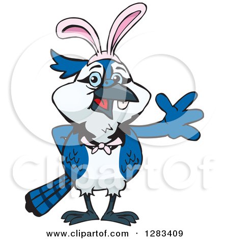 Clipart of a Friendly Waving Blue Jay Bird Wearing Easter Bunny Ears - Royalty Free Vector Illustration by Dennis Holmes Designs