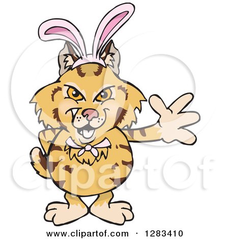 Clipart of a Friendly Waving Bobcat Wearing Easter Bunny Ears - Royalty Free Vector Illustration by Dennis Holmes Designs