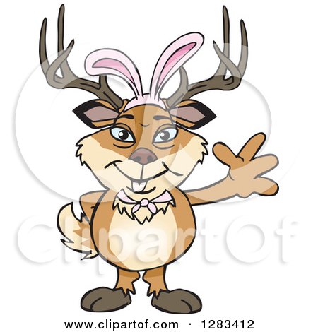 Clipart of a Friendly Waving Buck Deer Wearing Easter Bunny Ears - Royalty Free Vector Illustration by Dennis Holmes Designs