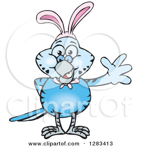 Clipart of a Friendly Waving Blue Budgie Parakeet Bird Wearing Easter Bunny Ears - Royalty Free Vector Illustration by Dennis Holmes Designs
