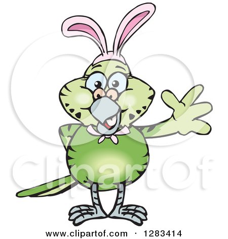 Clipart of a Friendly Waving Green Budgie Parakeet Bird Wearing Easter Bunny Ears - Royalty Free Vector Illustration by Dennis Holmes Designs