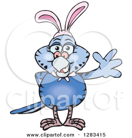 Clipart of a Friendly Waving Dark Blue Budgie Parakeet Bird Wearing Easter Bunny Ears - Royalty Free Vector Illustration by Dennis Holmes Designs