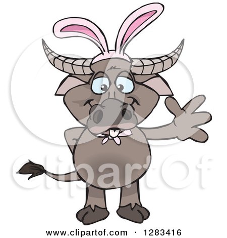 Clipart of a Friendly Waving Buffalo Wearing Easter Bunny Ears - Royalty Free Vector Illustration by Dennis Holmes Designs