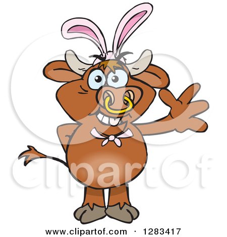 Clipart of a Friendly Waving Brown Bull Wearing Easter Bunny Ears - Royalty Free Vector Illustration by Dennis Holmes Designs